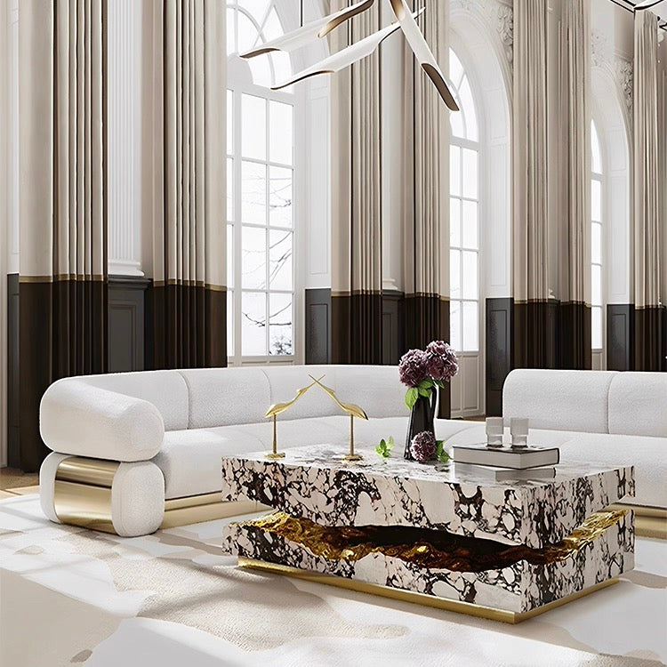 New Design Coffee Table Natural Marble Artistic Brass