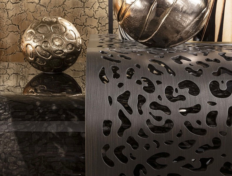 Hollow out stainless steel coffee table pearly veneer wood side table