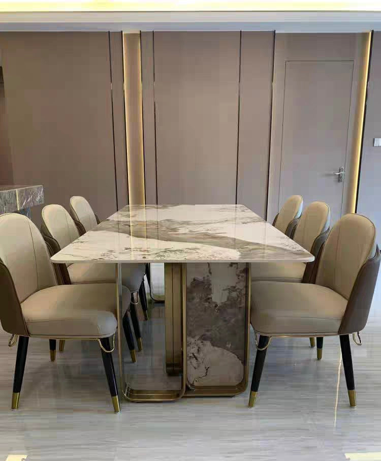 Slim natural marble dining table luxury home design elegant stainless steel art