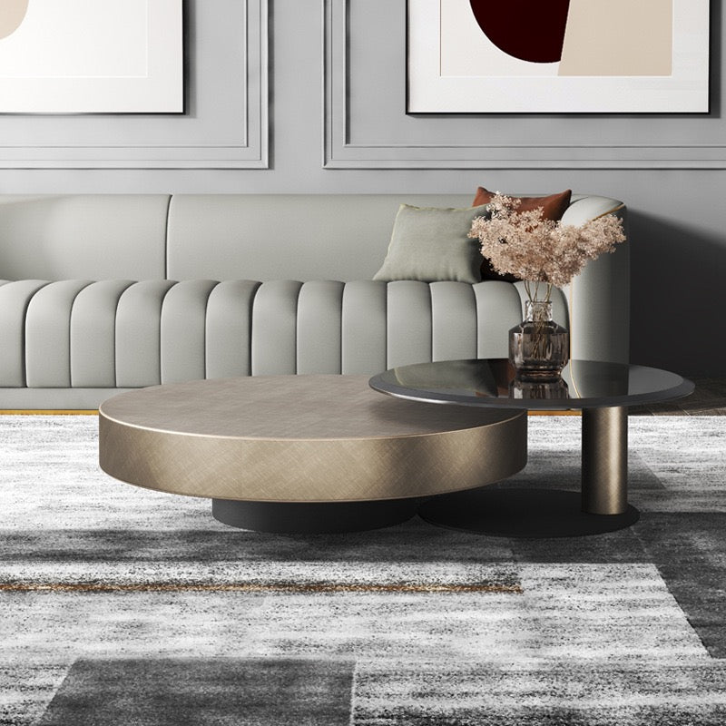 Antique brass stainless steel black tempered glass round coffee table