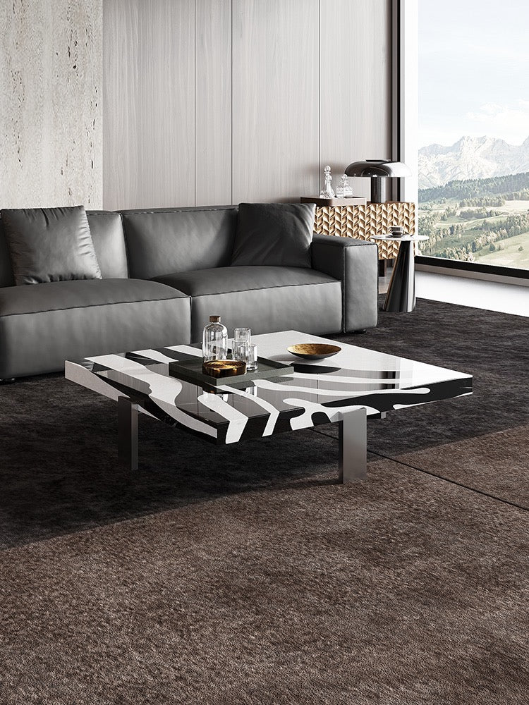 Zebra coffee table white black natural marble waterjet gun black stainless steel table