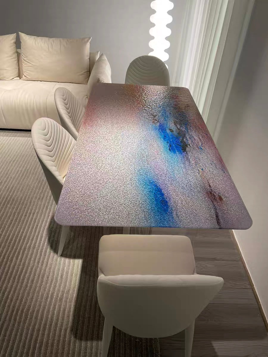 Colorful tempered glass dining table acrylic leg dining room furniture