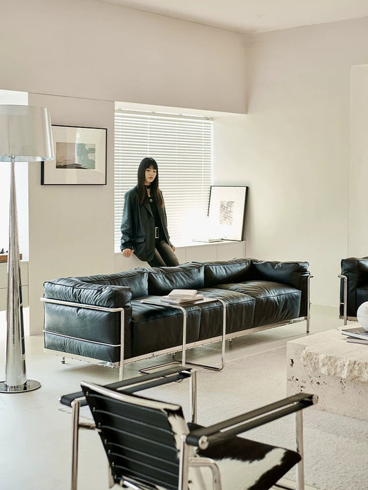 2025 New Arrivals Minimalist Genuine Leather Sofa Stainless Steel Furniture