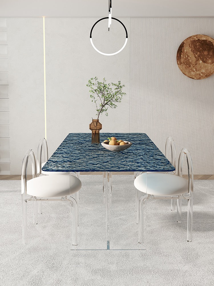 Colorful tempered glass dining table acrylic leg dining room furniture