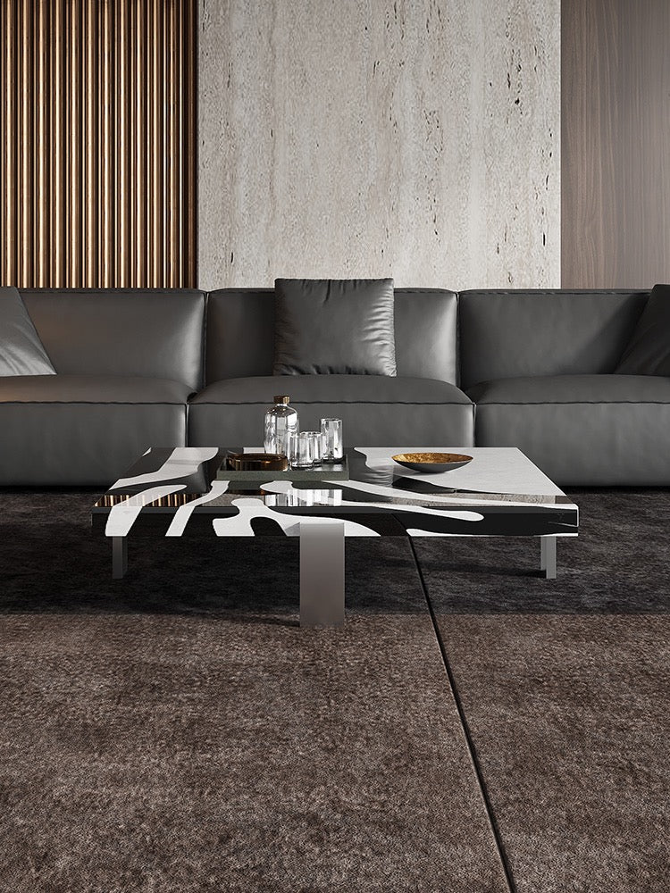 Zebra coffee table white black natural marble waterjet gun black stainless steel table