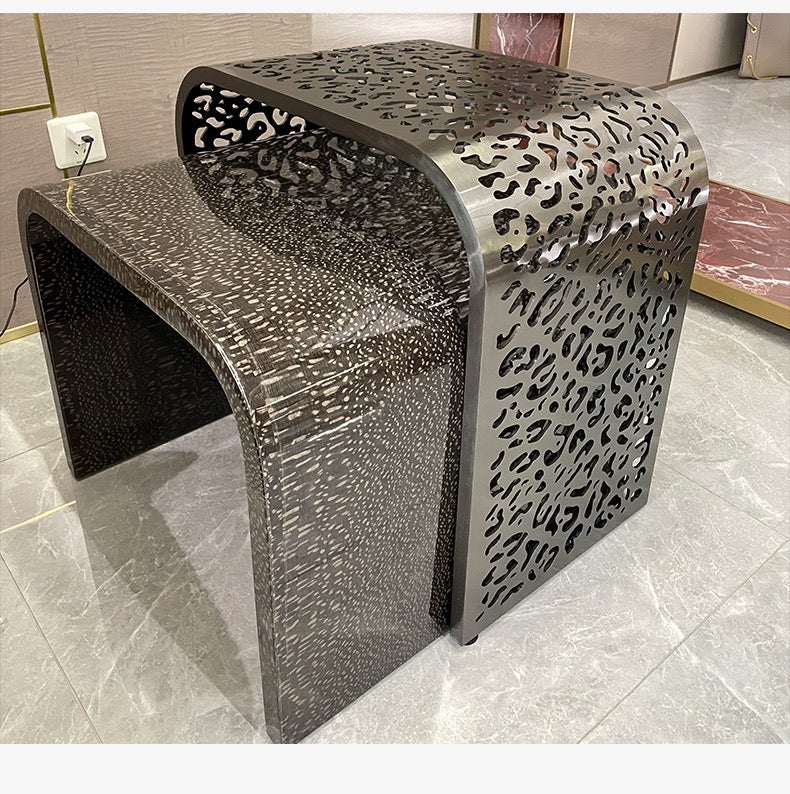 Hollow out stainless steel coffee table pearly veneer wood side table
