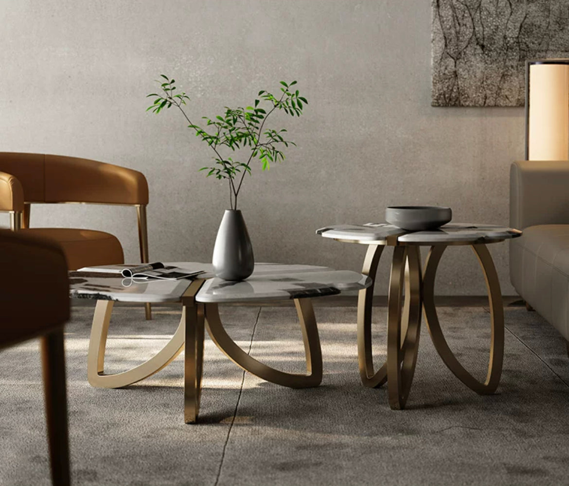 Flower shape side table luxury Pandora Picasso natural marble elegant stainless steel coffee table