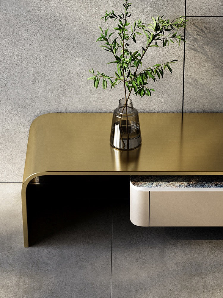 Retractable side cabinet TV stand luxury natural marble golden stainless steel customized furniture