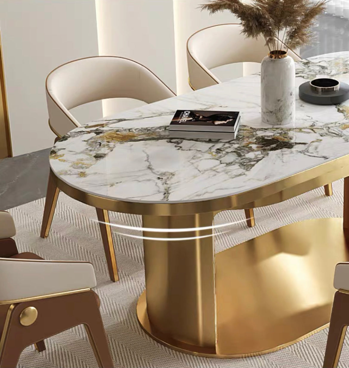 Brushed 304 stainless steel dining table natural marble luxury table