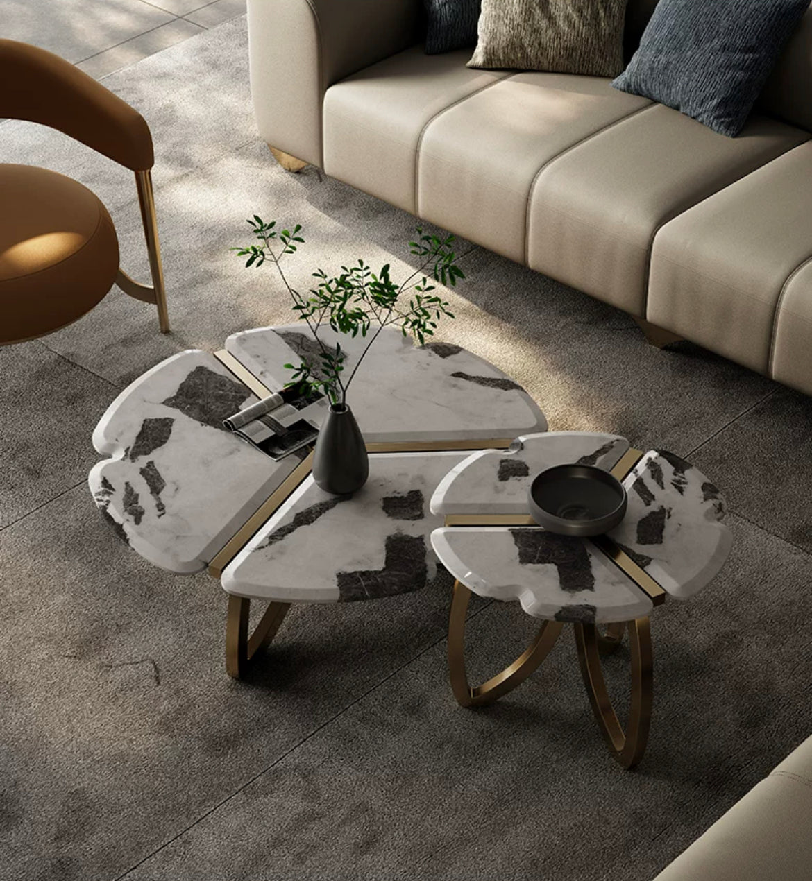 Flower shape side table luxury Pandora Picasso natural marble elegant stainless steel coffee table