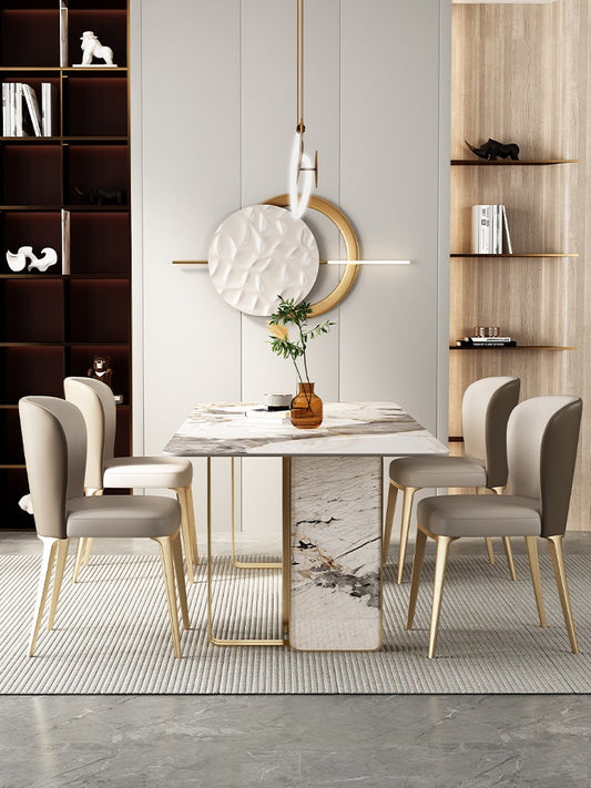 Slim natural marble dining table luxury home design elegant stainless steel art