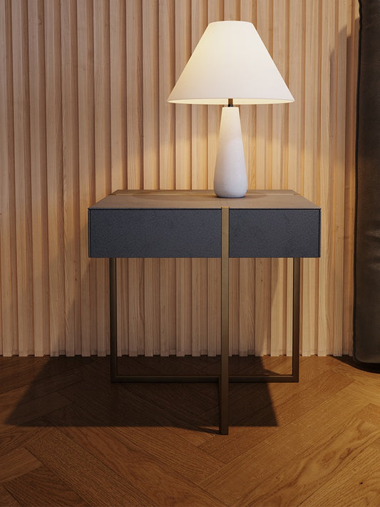 Simple style nightstand grey leather matt golden stainless steel