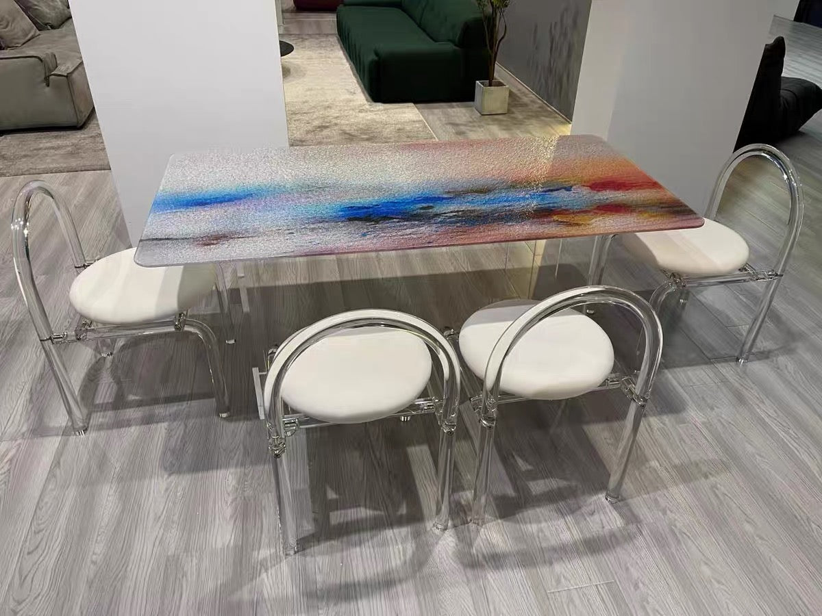 Colorful tempered glass dining table acrylic leg dining room furniture
