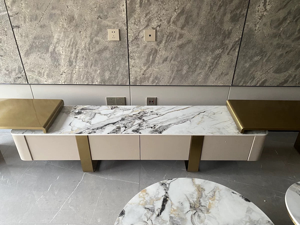 Retractable side cabinet TV stand luxury natural marble golden stainless steel customized furniture