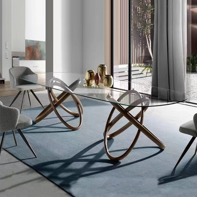 Oval Walnut art design glass dining table