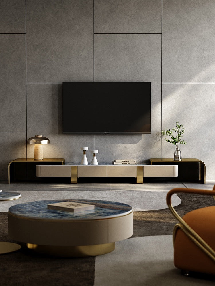 Retractable side cabinet TV stand luxury natural marble golden stainless steel customized furniture