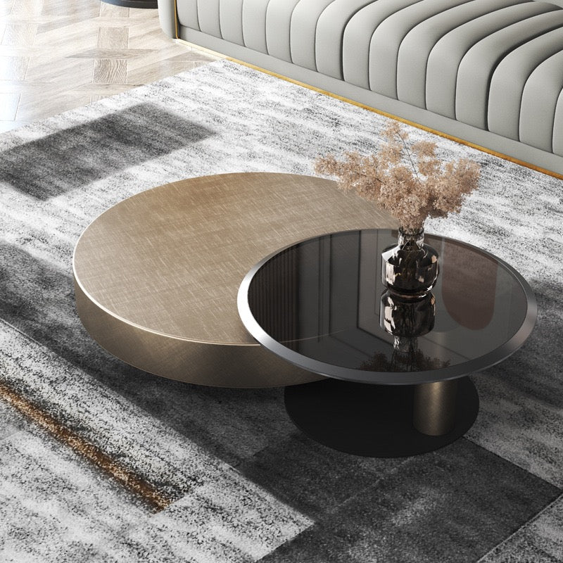Antique brass stainless steel black tempered glass round coffee table