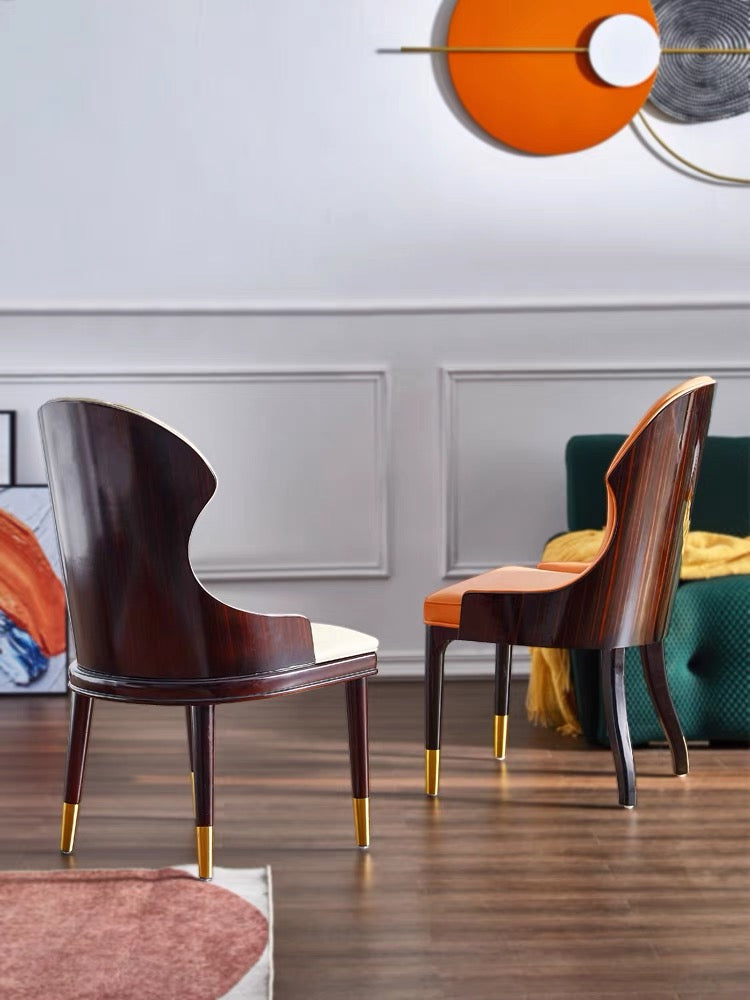 Orange leather wood hug dining chair