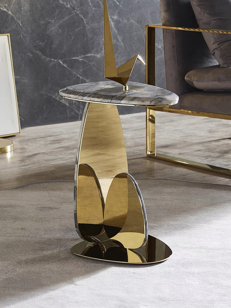 Oval Marble Mirror Stainless Steel Side Table