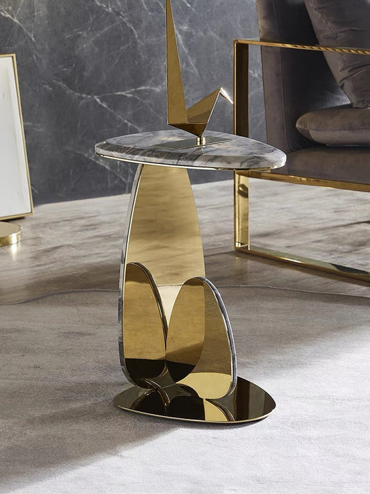 Oval Marble Mirror Stainless Steel Side Table