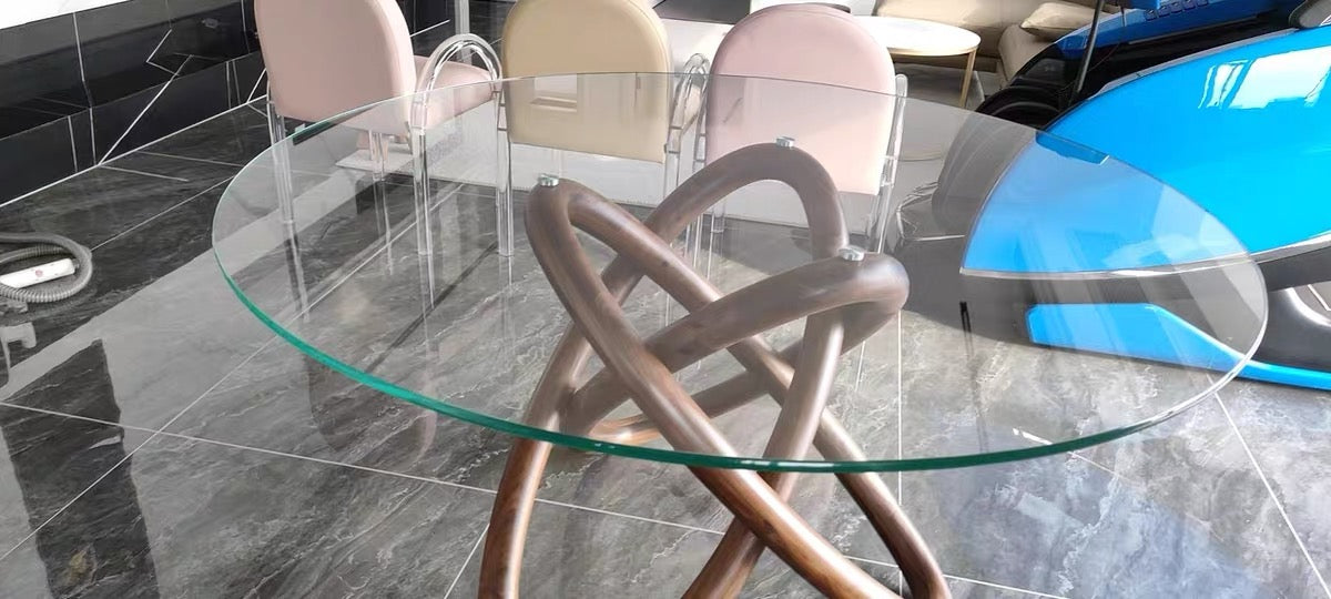 Oval Walnut art design glass dining table