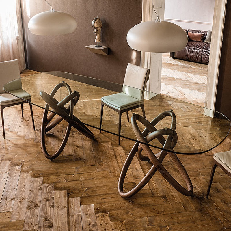 Oval Walnut art design glass dining table
