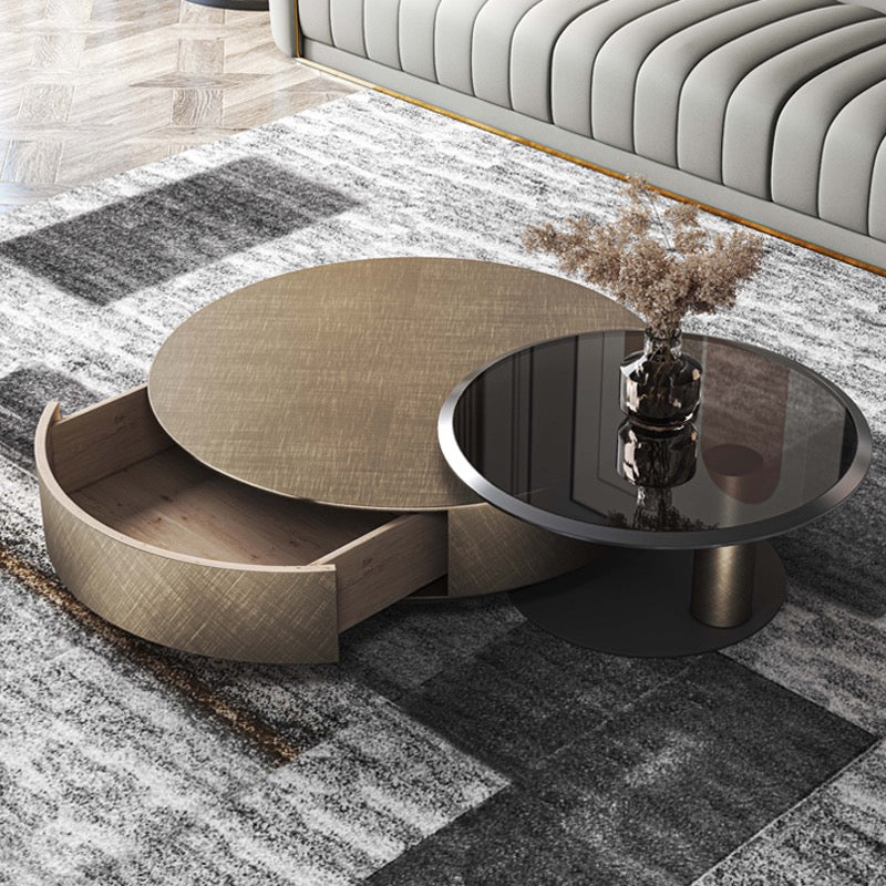 Antique brass stainless steel black tempered glass round coffee table