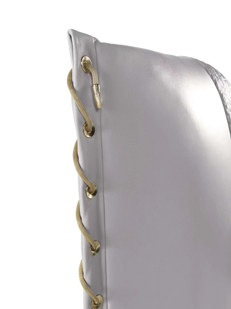 Full grain leather bed wheat design headboard golden chain
