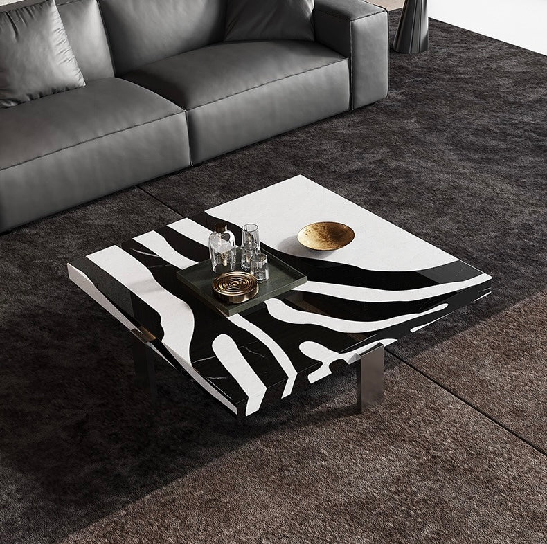 Zebra coffee table white black natural marble waterjet gun black stainless steel table