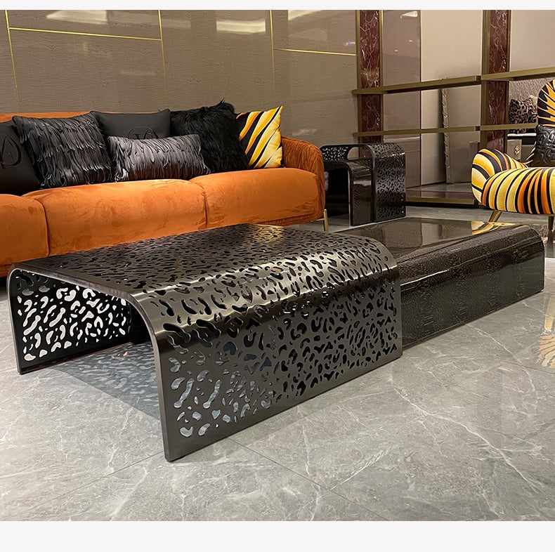Hollow out stainless steel coffee table pearly veneer wood side table