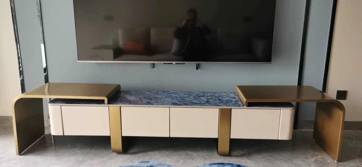 Retractable side cabinet TV stand luxury natural marble golden stainless steel customized furniture