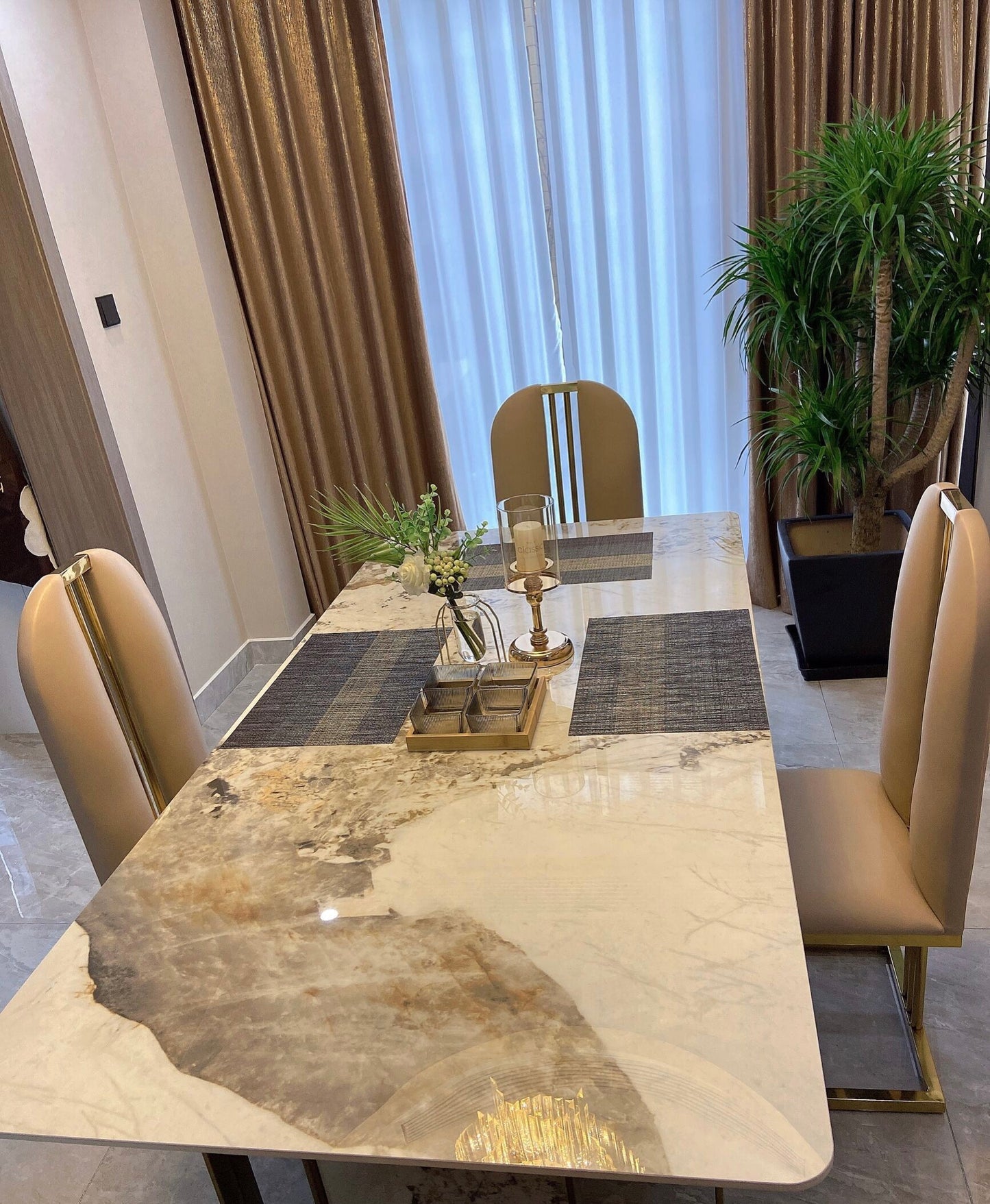 Slim natural marble dining table luxury home design elegant stainless steel art
