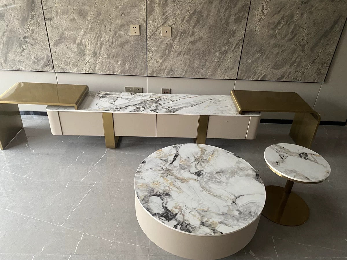 Retractable side cabinet TV stand luxury natural marble golden stainless steel customized furniture