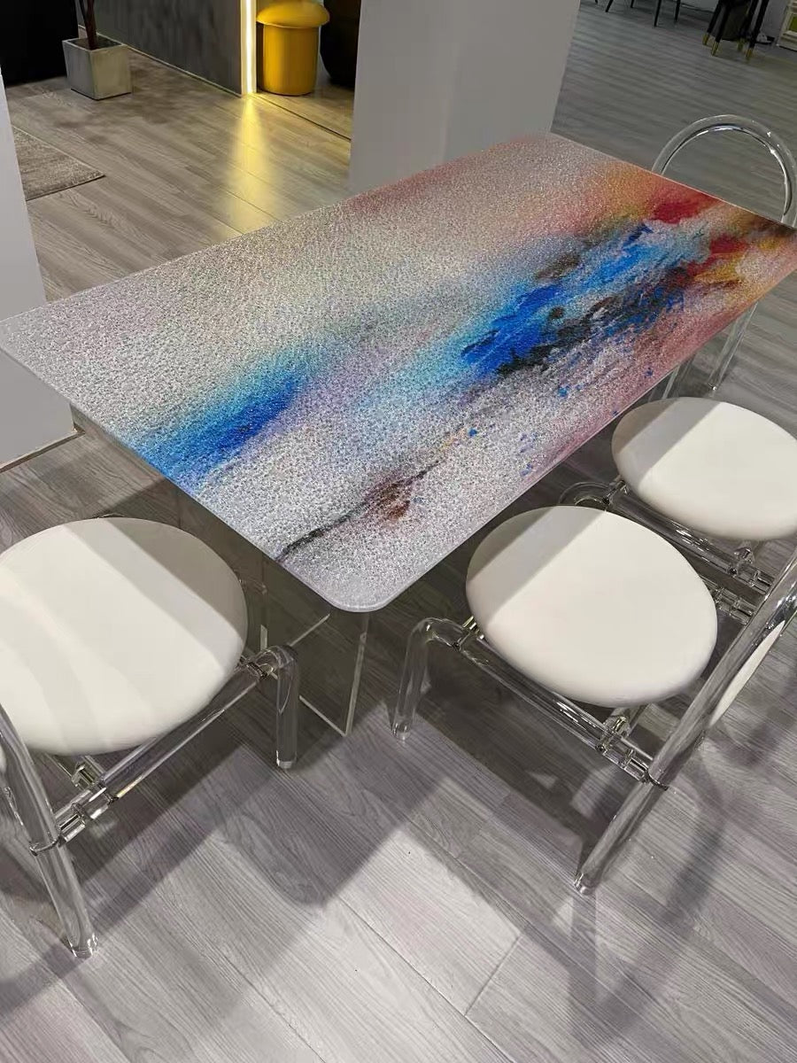 Colorful tempered glass dining table acrylic leg dining room furniture