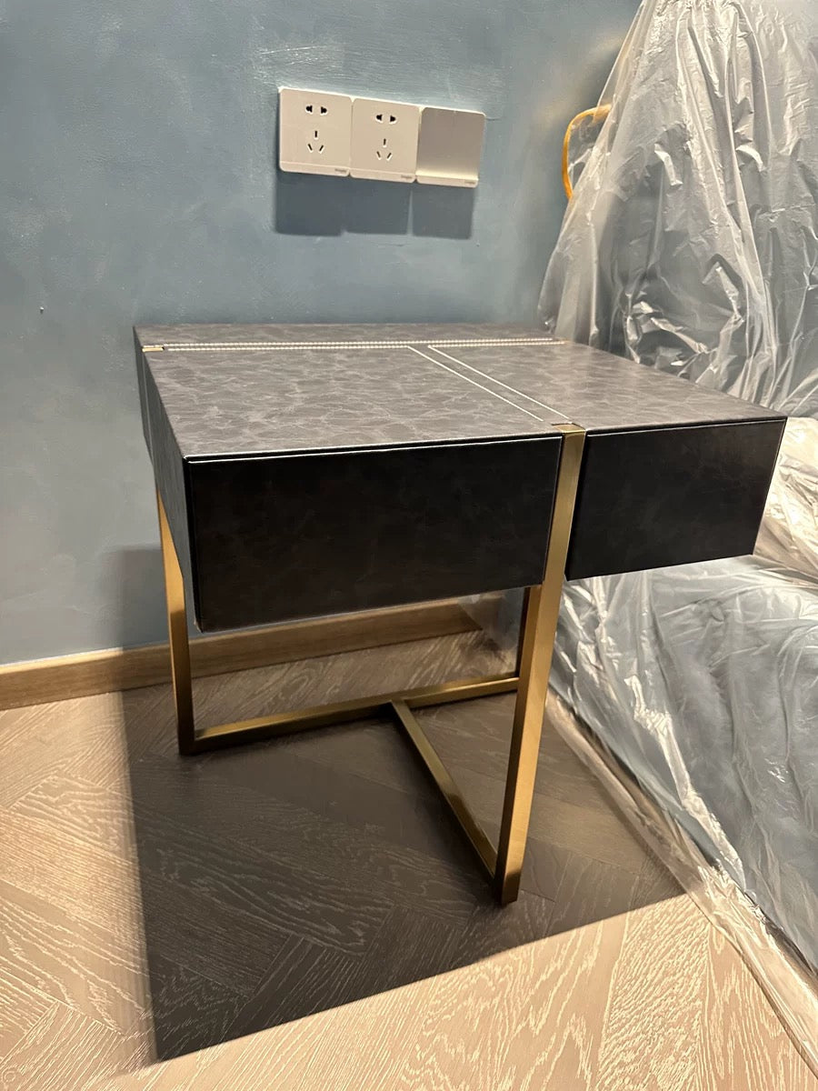 Simple style nightstand grey leather matt golden stainless steel