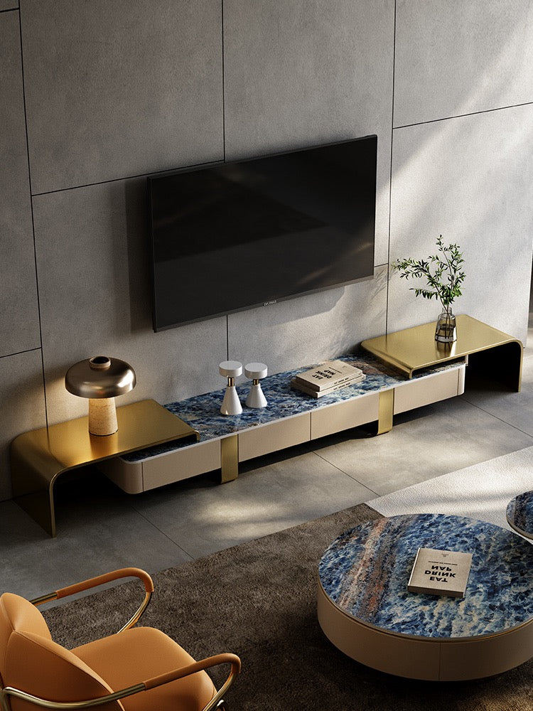 Retractable side cabinet TV stand luxury natural marble golden stainless steel customized furniture