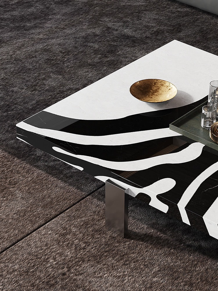 Zebra coffee table white black natural marble waterjet gun black stainless steel table