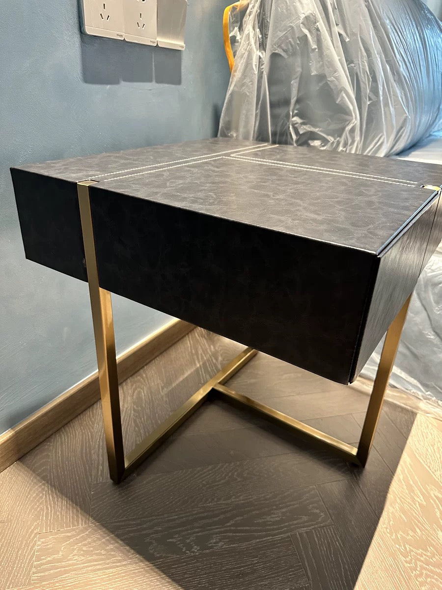 Simple style nightstand grey leather matt golden stainless steel