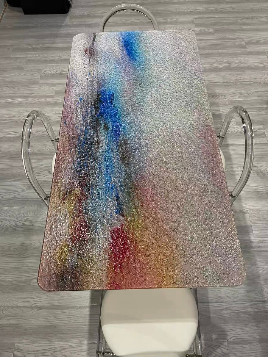 Colorful tempered glass dining table acrylic leg dining room furniture
