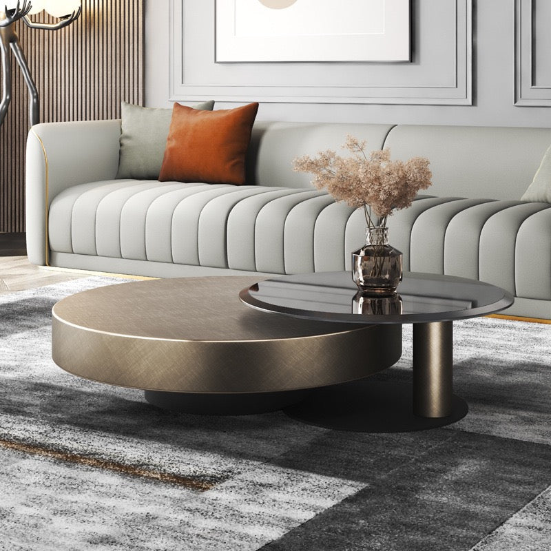 Antique brass stainless steel black tempered glass round coffee table
