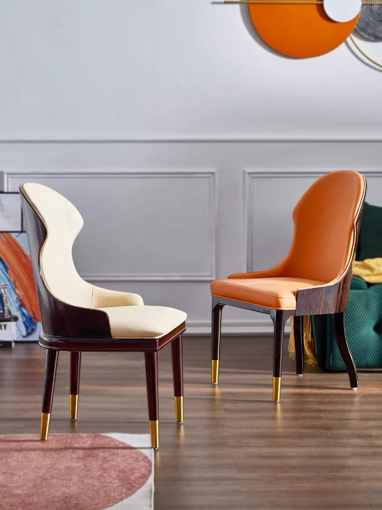 Orange leather wood hug dining chair