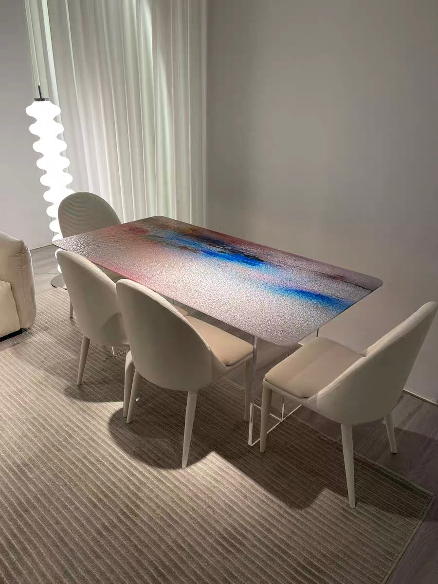 Colorful tempered glass dining table acrylic leg dining room furniture