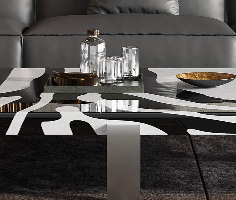 Zebra coffee table white black natural marble waterjet gun black stainless steel table
