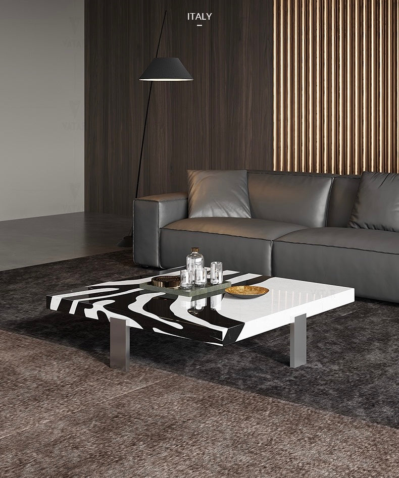 Zebra coffee table white black natural marble waterjet gun black stainless steel table
