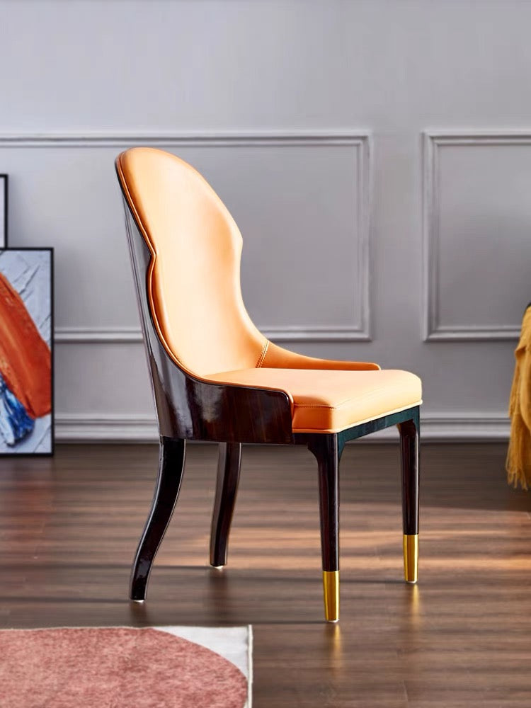 Orange leather wood hug dining chair