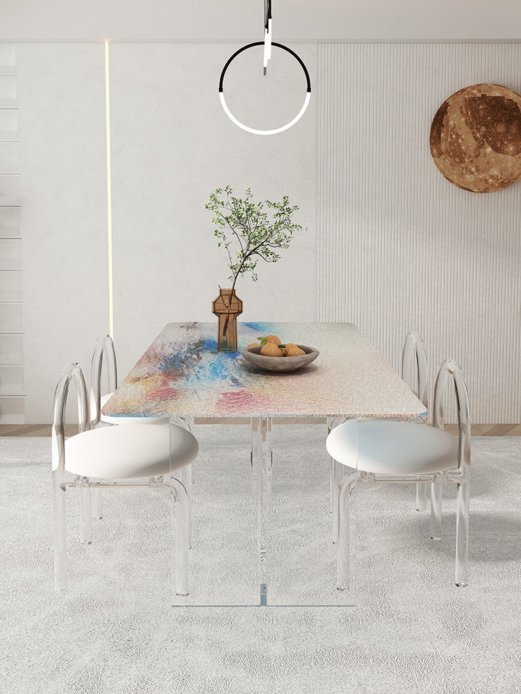 Colorful tempered glass dining table acrylic leg dining room furniture