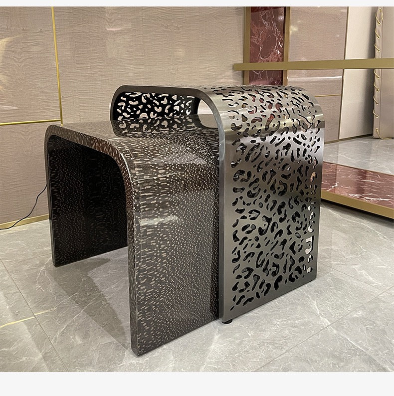 Hollow out stainless steel coffee table pearly veneer wood side table
