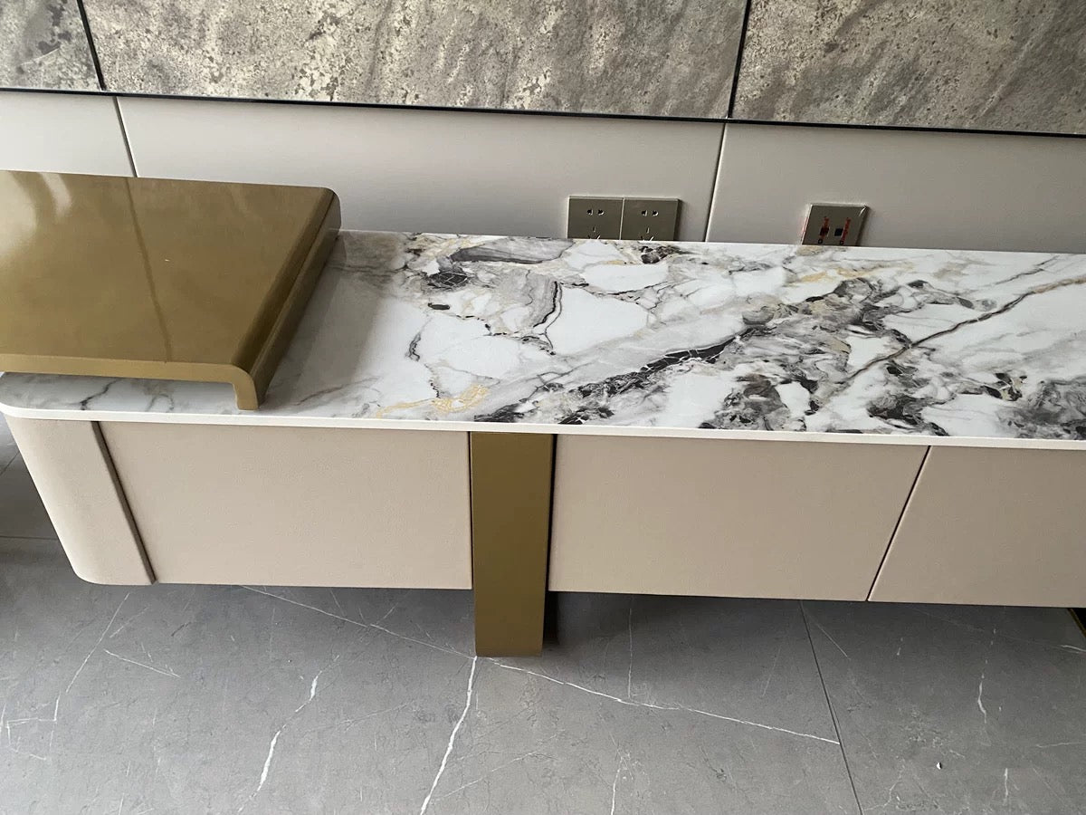 Retractable side cabinet TV stand luxury natural marble golden stainless steel customized furniture