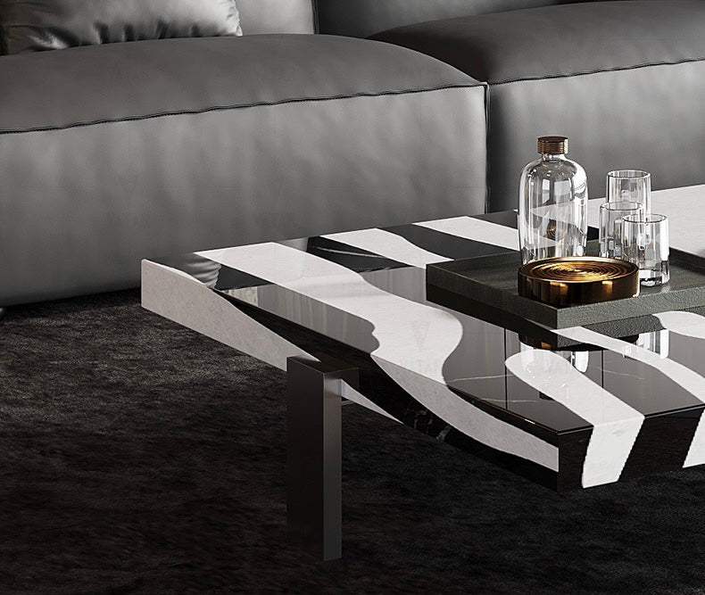 Zebra coffee table white black natural marble waterjet gun black stainless steel table
